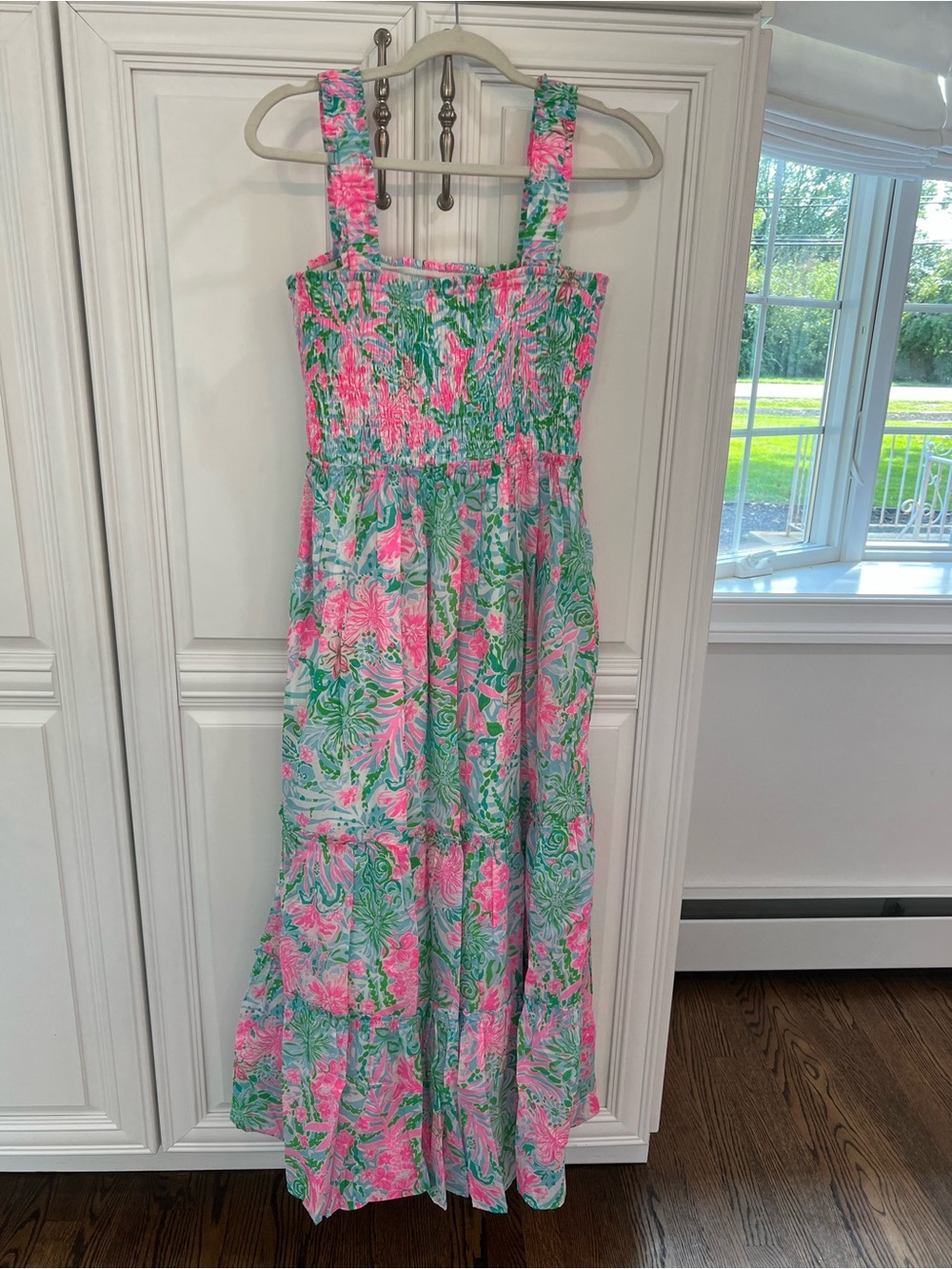 Lilly Pulitzer Pink & Green Floral Maxi Dress with Smocked Bodice